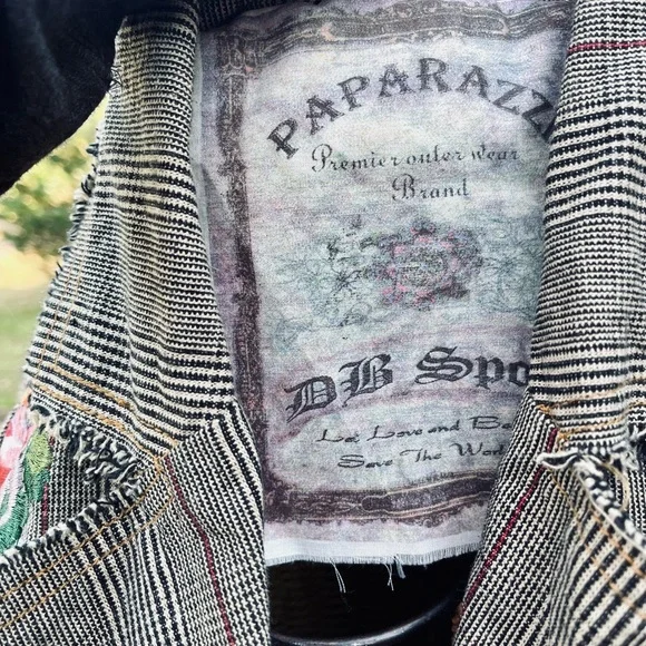 Paparazzi Houndstooth Blazer with Embroidered Flowers Women Size Large - Picture 10 of 15